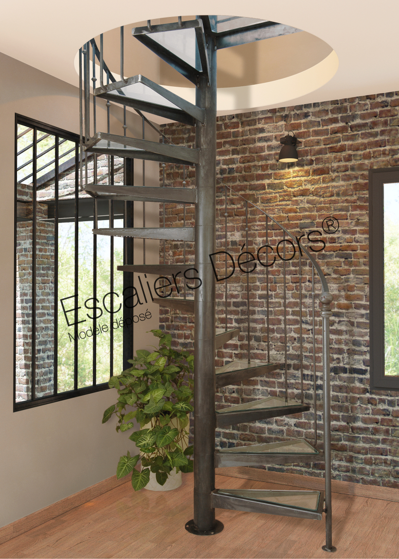 Photo DH38 - SPIR'DÉCO® Caisson. Escalier intérieur hélicoïdal métal et verre pour une décoration rétro ou classique avec touche contemporaine.